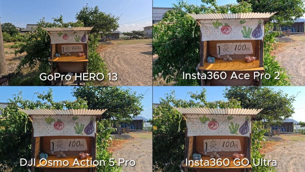 GoPro HERO 13とInsta360 Ace Pro 2とDJI Osmo Action 5 ProとInsta360 GO Ultraの画質を比較している