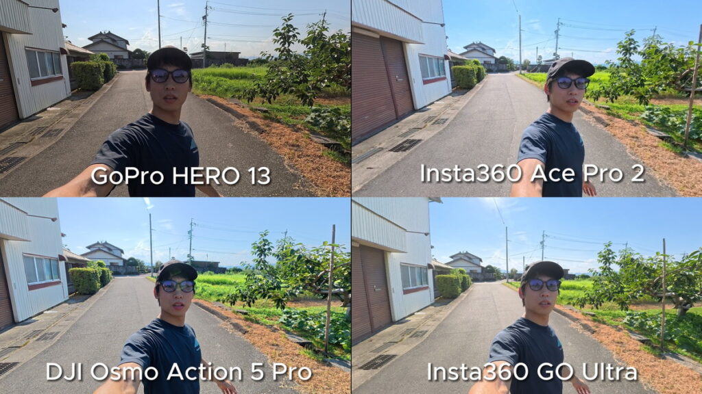GoPro HERO 13とInsta360 Ace Pro 2とDJI Osmo Action 5 ProとInsta360 GO Ultraの画質を比較している