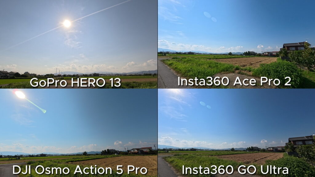 GoPro HERO 13とInsta360 Ace Pro 2とDJI Osmo Action 5 ProとInsta360 GO Ultraの画質を比較している