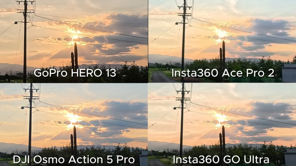 GoPro HERO 13とInsta360 Ace Pro 2とDJI Osmo Action 5 ProとInsta360 GO Ultraの画質を比較している