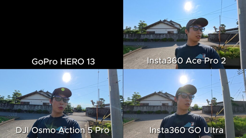 GoPro HERO 13とInsta360 Ace Pro 2とDJI Osmo Action 5 ProとInsta360 GO Ultraの画質を比較している(GOProだけ熱暴走した)